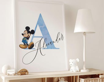 Lámina personalizada de Mickey Mouse para guardería: Arte de acuarela con nombre personalizado (descarga digital)