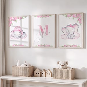 Arte de pared de elefante personalizado para habitación de niñas, decoración de elefante con nombre personalizado, juego de 3 impresiones de arte de pared para habitación de niños, decoración de guardería con elefante