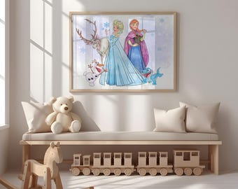 May include: Watercolor print of Disney's Frozen characters, including Elsa, Anna, Olaf, Sven, and a blue dragon. The artwork is framed in a light wood frame and hangs above a wooden bench with a teddy bear, pillows, and toy train.