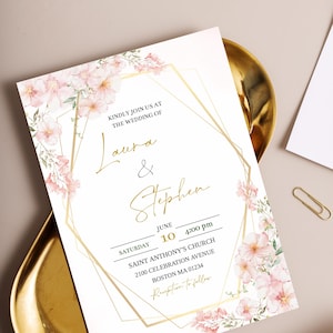 Modèle de faire-part de mariage rose poudré, faire-part de mariage imprimable fleurs roses pâles, invitations modifiables pour mariage, faire-part imprimable