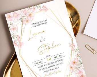 Blush Pink Floral Wedding Invitation Template (Digital Download)