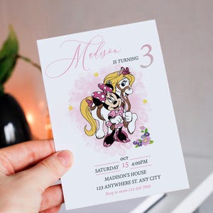 Bearbeitbare Rosa Minnie Maus-Geburtstags-Einladung, Aquarell-Mädchen-Geburtstags-Einladung, bedruckbare Einladung, Rosa Minnie-Einladung, mm