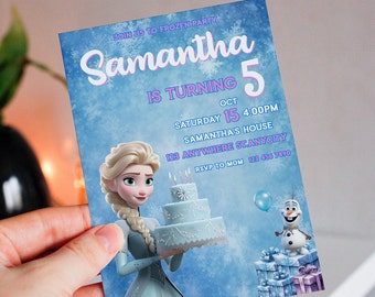 May include: A blue and white Frozen-themed birthday party invitation with a picture of Elsa holding a cake. The invitation says "Samantha is turning 5" and includes the date, time, and location of the party. RSVP information is also included.