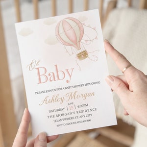 Invito per baby shower con mongolfiera rosa, invito per baby shower per bambina, modello di invito stampabile "Oh Baby", download digitale