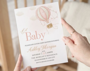 Editable Pink Hot Air Balloon Baby Shower Invitation (Digital Download)