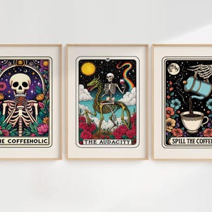 Arte de parede de cartas de tarô de café, conjunto de 3 impressões de esqueleto com tema de café, arte de parede de cartas de tarô, arte de parede engraçada, download instantâneo