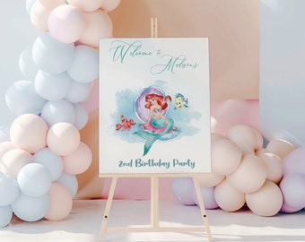 Letrero de bienvenida de cumpleaños de sirena editable: Decoración para fiestas (24x36, 18x24, 16x20) (Descarga digital)