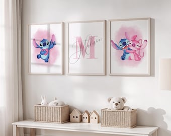 Personalized Stitch Wall Art for Girls Room, Custom Name Stitch Decor, Set of 3 Prints Kids Room Wall Art, Stitch Nursery Decor
