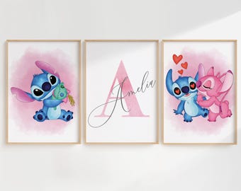 Personalized Stitch Wall Art, Stitch Nursery Decor: Set of 3 Watercolor Prints (Digital Download