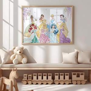 May include: A framed watercolor print featuring eight Disney princesses in their iconic gowns. The artwork is displayed above a wooden bench with pillows, a teddy bear, a rocking horse, and a wooden train set, creating a whimsical children's room setting.