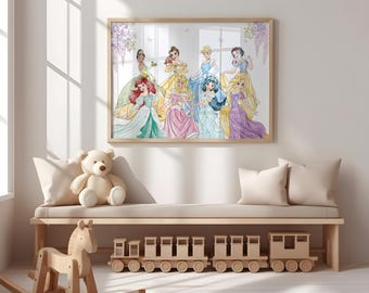 May include: A framed watercolor print featuring eight Disney princesses in their iconic gowns. The artwork is displayed above a wooden bench with pillows, a teddy bear, a rocking horse, and a wooden train set, creating a whimsical children's room setting.