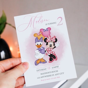 Invito di compleanno modificabile Minnie Mouse e Paperina rosa, invito di compleanno per ragazze con acquerello, invito stampabile, mm