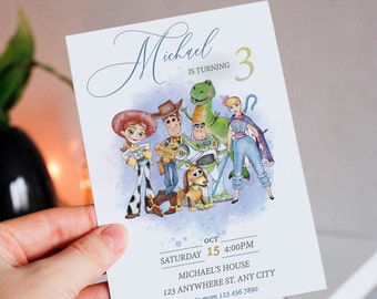 May include: A birthday party invitation featuring characters from the Toy Story movie franchise. The invitation is blue and white with a watercolor background. The text on the invitation reads "Michael is turning 3" and includes the date, time, and location of the party.