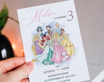 Watercolor Princess Birthday Invitation Template, Editable Printable Invite, Instant Download, Girls Kids Birthday invite, mm