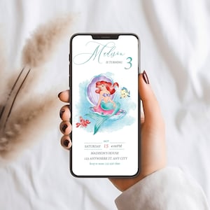 Mermaid Phone Invitation, Princess Ariel Birthday Digital Invitation for Girls, Editable Princess Electronic Invitation, mm