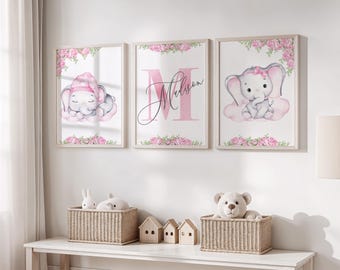 Neutraler Boho Elefant Kinderzimmer Druck, personalisierte Baby Name Wandkunst, 3er-Set, digitaler Download