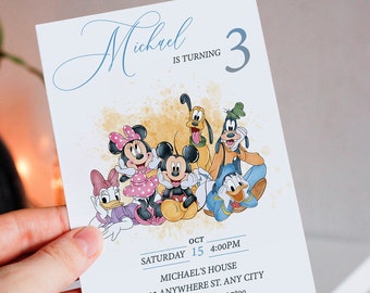 Watercolor Mickey and Friends Birthday Invitation (Editable Template)