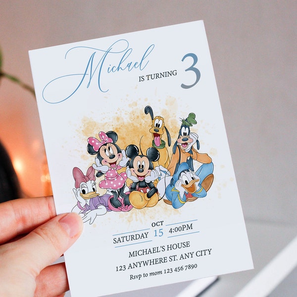 Invitación de cumpleaños de Mickey y sus amigos, cumpleaños de los amigos de Disney, Mickey Mouse acuarela, invitación del cumpleañero, cumpleaños minimalista, mm