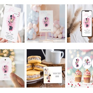Pacchetto di inviti di compleanno modificabili per Minnie Mouse rosa, inviti di compleanno per bambine con effetto acquerello, pacchetto di inviti stampabili, mm