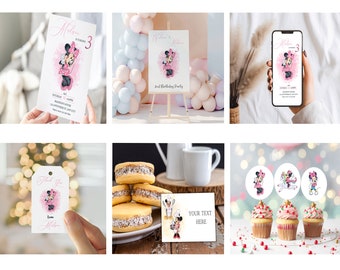 May include: A set of printable party decorations featuring a cartoon mouse character with pink and black accents. The set includes a thank you tag, cupcake toppers, a sign, and an invitation. The invitation says "Melina is turning 3".