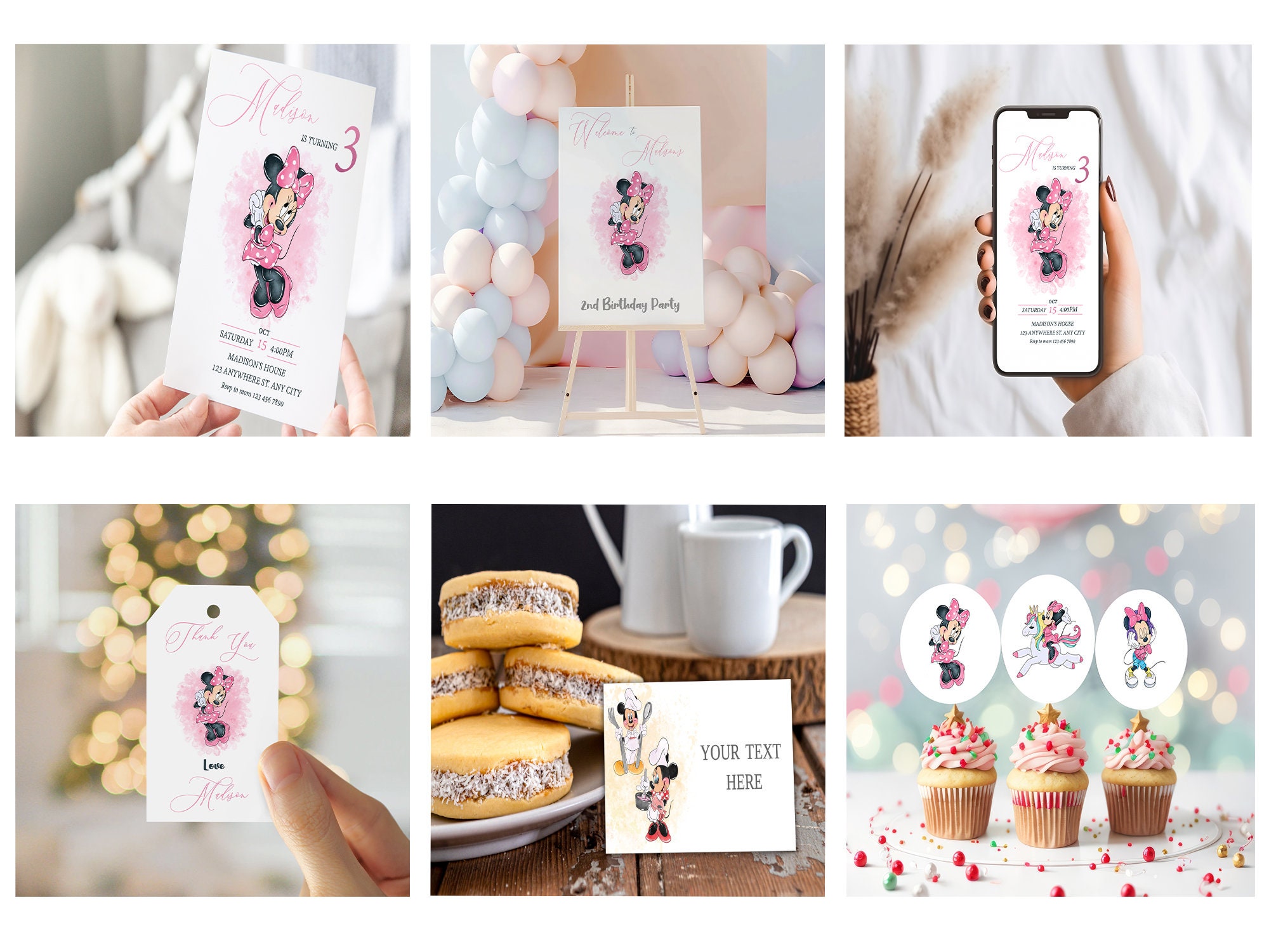 Editable Pink Minnie Mouse Birthday Invitation Bundle (digital Download ...