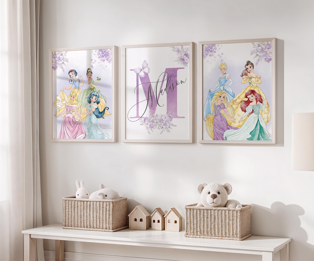 Personalized Princess Wall Art, Purple Floral Decor (set of 3) (digital ...