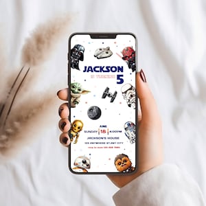Digitale Star Wars-uitnodiging, Star Wars-verjaardagsuitnodiging voor verjaardagsfeestje, Star Wars mobiele smartphone uitnodigen, stw