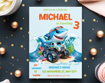 Editable Shark Monster Truck Birthday Invitation: Big Wheel Party (Printable Invite)
