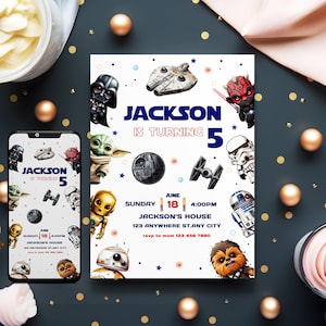 Modello modificabile per invito di compleanno a tema Star Wars, invito stampabile per festa di compleanno, invito digitale per festa di bambini, Star Wars