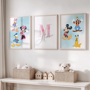 Personalized Mickey and Friends Wall Art for Grils Room, Custom Name Disney Decor, Set of 3 Prints Kids Room Wall Art, Disney Nursery Decor