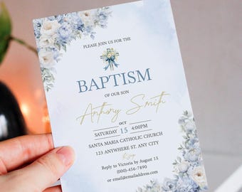 May include: Blue and white floral baptism invitation with a gold cross and the text "Please join us for the Baptism of our son Antony Smith, Saturday, October 15, 4:00PM, Santa Maria Catholic Church, 123 Anywhere St., Any City, Reply to Victoria by August 15 (000)-456-7890 or email@emailaddress.com"