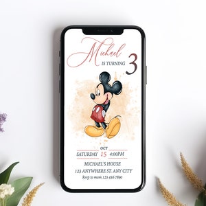 Invitación digital de cumpleaños de Mickey Mouse para niño, invitación de cumpleaños en acuarela, invitación de cumpleaños con temática de Mickey Mouse para niño, dsny