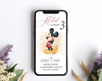 May include: A digital invitation for a birthday party featuring Mickey Mouse. The invitation is for Michael's 3rd birthday party. The invitation includes the date, time, and location of the party. The invitation is designed with a watercolor background and Mickey Mouse is in the center of the invitation.