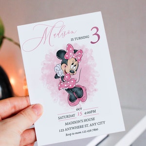 Editable Pink Minnie Mouse Birthday Invitation, Watercolor Girls Birthday Invitation, Printable Invitation, Pink Minnie Invitation, mm image 1