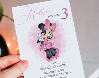 Editable Pink Minnie Mouse Birthday Invitation, Watercolor  Girls Birthday Invitation, Printable Invitation, Pink Minnie Invitation, mm