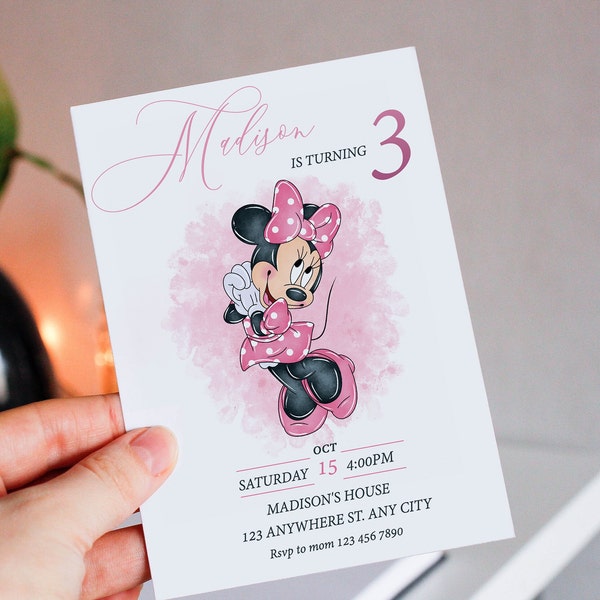 Bewerkbare roze Minnie Mouse verjaardagsuitnodiging, aquarel meisjes verjaardagsuitnodiging, afdrukbare uitnodiging, roze Minnie uitnodiging, mm