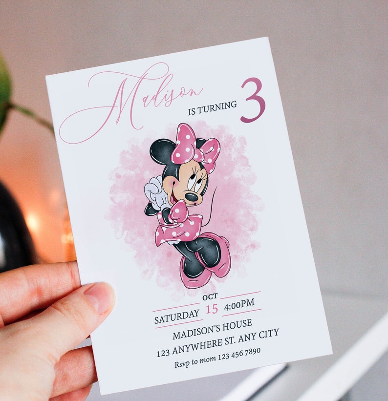 Editable Pink Minnie Mouse Birthday Invitation, Watercolor Girls Birthday Invitation, Printable Invitation, Pink Minnie Invitation, mm image 1