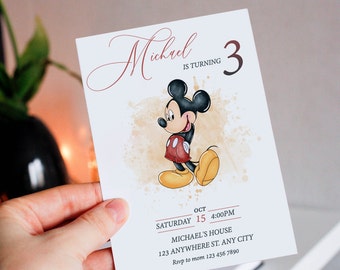 May include: A birthday invitation featuring Mickey Mouse in a watercolor style with the text "Michael is turning 3" and details for the party, including the date, time, and location.