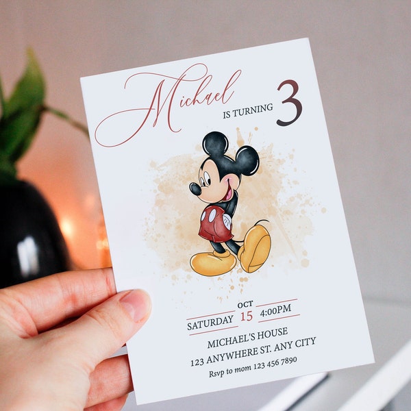 Mickey Mouse Birthday Invite, Birthday Invitation Mickey, Watercolor Mickey Mouse, Birthday Boy Mickey Invitation, Minimalist Birthday, mm