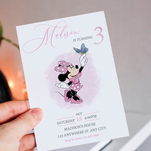 Bewerkbare roze Minnie Mouse verjaardagsuitnodiging, aquarel meisjes verjaardagsuitnodiging, afdrukbare uitnodiging, roze Minnie-uitnodiging, mm