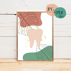 Boho Tooth & Leaves, Boho Dental Designs, Abstract Dental Art, Printable Dental Office Decor, Digital Download, Printable Art, Tooth Design