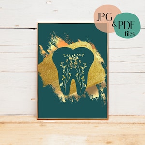 Arte para impressão de dente de flor dourada, desenhos odontológicos Boho, arte odontológica abstrata, decoração de consultório odontológico para impressão, download digital instantâneo odontológico