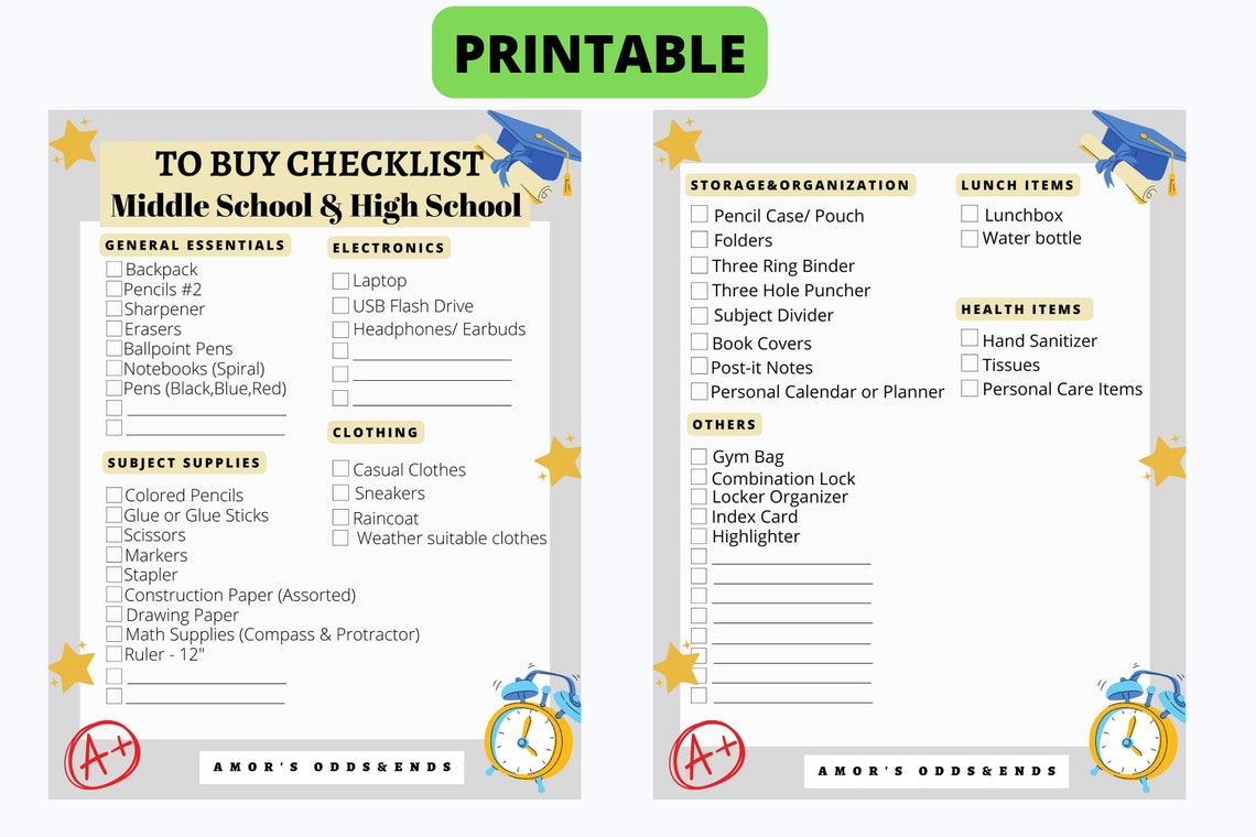 Middle and High School Supplies List Printable Back to Etsy