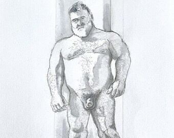 Nude bear man standing at corner - ORIGINAL PAINTING