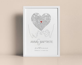 Affiche lieu de rencontre date et prénoms Plan Ville minimaliste Personnalisé, mains entrelacées, Idéal Cadeau couple Mariage, Anniversaire