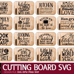 May include: A set of 25 wooden cutting boards, each featuring a kitchen-related quote and a knife illustration. The boards are rectangular with rounded edges and a handle. The text at the bottom reads "25 CUTTING BOARD SVG BUNDLE".