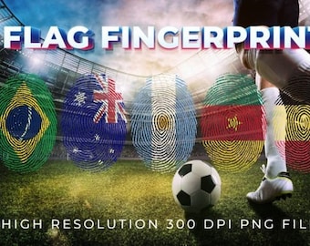 May include: A digital image with the text "FLAG FINGERPRINT" and fingerprints designed as national flags. A football is on the grass, and a person in football boots is visible. Flags include Brazil, Australia, Argentina, Cameroon, and Belgium.