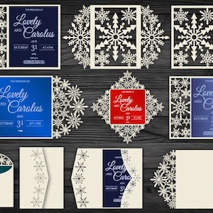 May include: A selection of laser-cut wedding invitations with snowflake patterns. The invitations display the text "Lovely and Carolus" with the date "August 31" and are in various colours, including blue, green, and red.