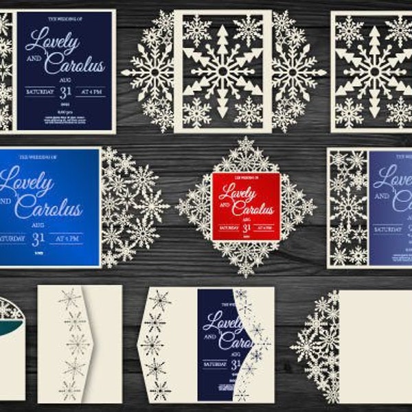 Snowflake Wedding Invitation Card Bundle , Original design bundle , Wedding Sign Easel Mockup Bundle, (svg, dxf, ai, eps, png) cutting file,