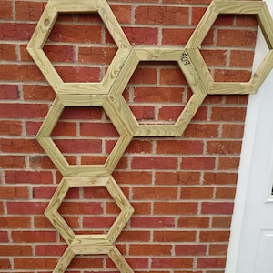 May include: A wooden hexagon trellis fixed to a red brick wall. The trellis, made of light-coloured wood, is arranged vertically. This decorative element is designed for outdoor spaces, offering a unique design.